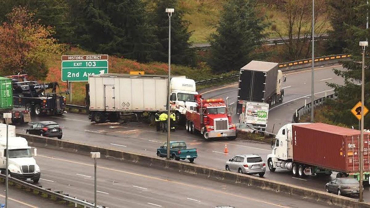 A semi-truck crash at the intersection of Interstate 5 and US 101 backed up traffic on southbound I5 beginning about 6:30 a.m. Friday. As of 9:30 a.m., tow trucks were on the scene. The backup extended past Lacey.