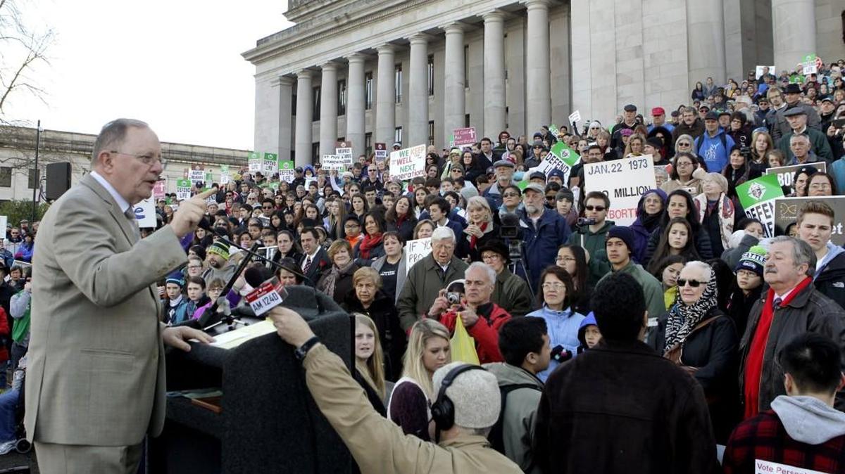State Sen. Mike Padden, R-Spokane Valley, lends his support to thousands of anti-abortion supporters congregated on the steps of the Legislative Building last January.