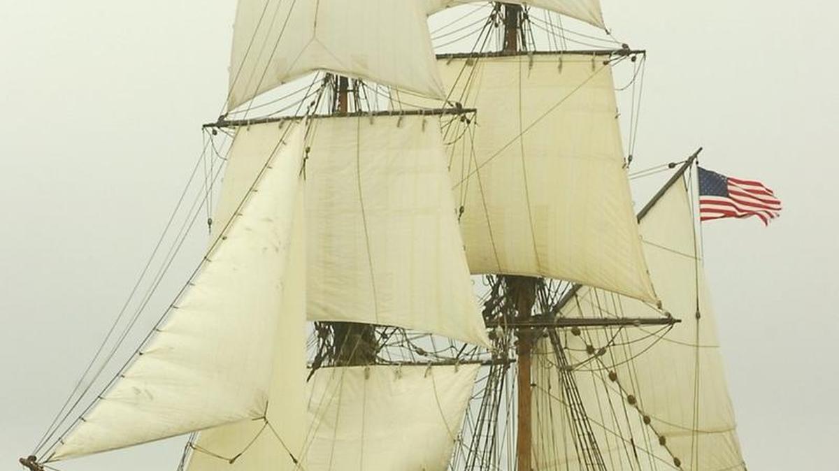 Staff file, 2008: The 112-foot Lady Washington sets up for gun fire during a mock battle with the Hawaiian Chieftain. The Grays Harbor Historical Seaport is recruiting for captains for the brig.