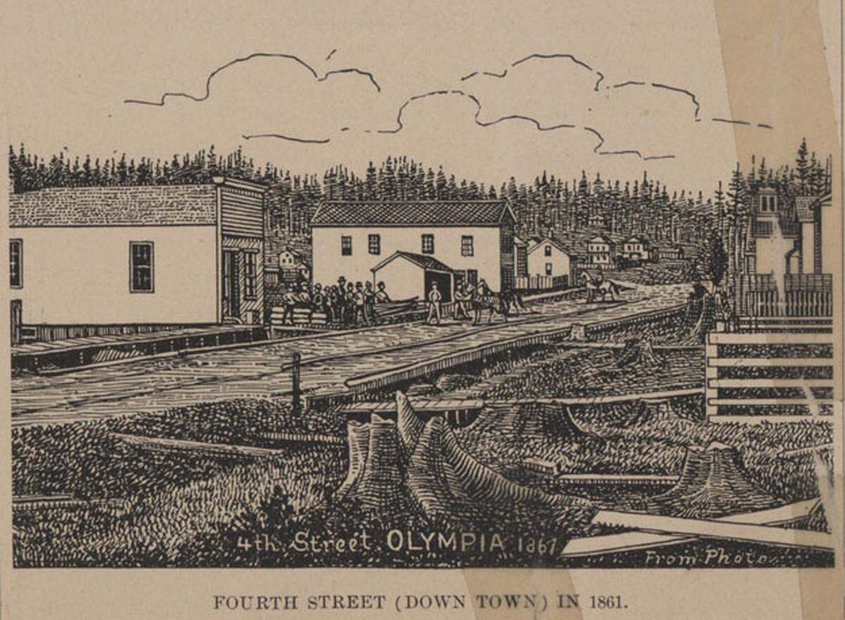 This etching is likely based on an 1869 photograph. It was published in 1891, in a special edition of the Olympia Tribune, to show what Fourth Avenue looked like in the 1860s. The cupola of Columbia Hall (current site of the 4th Ave Tav) can be seen in the mid-distance on the right (north) side of the street.