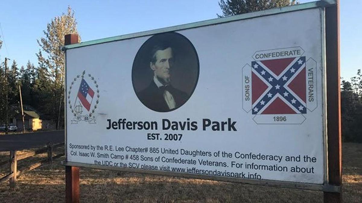 A sign notes the establishment of Jefferson Davis Park in Ridgefield, Wash., along Interstate 5. A local group, Son of Confederate Veterans, owns the private park and has received death threats amid national efforts to remove Confederate monuments in the wake of the violence in Charlottesville. Jefferson Davis is the first and only president of the Confederacy.