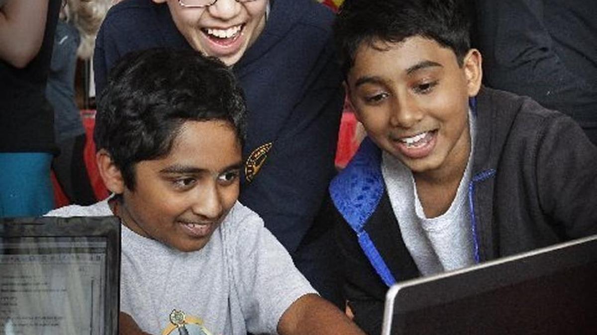 Olympian file photo: Jefferson Middle School sixth graders (clockwise from lower left) Pranav Gundrala, Kenny Stewart and Sathvik Nallamalli play with an computer animation program during the Olympia School District’s Technology Fair at Capital High School in Olympia on Thursday, April 30, 2015. The district will host its second Technology Fair from 10 a.m. to 3 p.m. Saturday at Olympia High School.