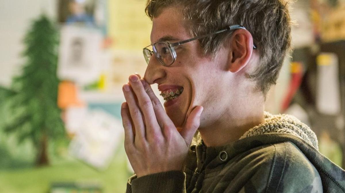 
Noah Otto is happy and embarrassed by the attention of journalists and a camera pointed at him at Tumwater High School, October 14, 2015. The Life Skills (special needs) student has been voted into the homecoming court.
