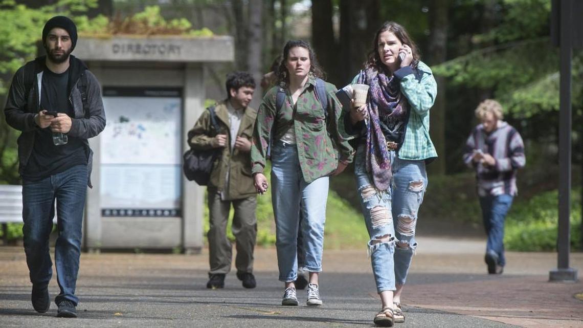 Students leave The Evergreen State College campus in Olympia after a threat prompted a student alert and evacuation on June 1. Two community rallies are planned about the college this week. One invites people to stand in support of it, the other asks people to march against it.