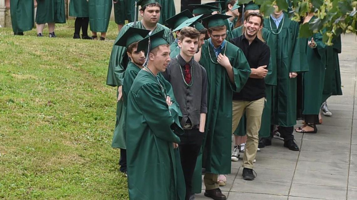 Students line up for the June 9 graduation ceremony at the Avanti High School auditorium. The Olympia school was recently named a School of Distinction for being in the top 5 percent of highest improving schools in the state.