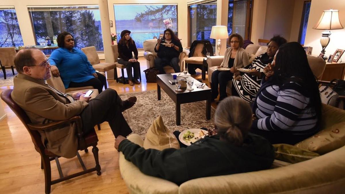 At a March 1s dinner meeting, The Evergreen State College’s new president, George Bridges, hosts Tacoma campus representatives Tara Newton, Noel Okamoto, Shannara Phillips, Eleanor Warren and Merrill Williams, along with Meryl Lipman, the media and communications manager for Evergreen (in beret).