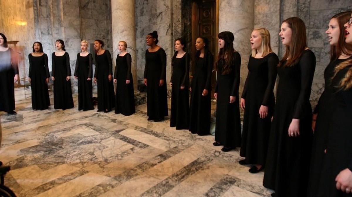 The Timberline High School Chamber Choir sings the national anthem before 300 people in the Capitol Rotunda for a Memorial Day ceremony sponsored by the Thurston County Veterans Council.
