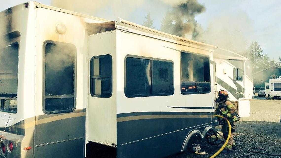 Two cats may have died in this Lacey-area RV fire Thursday morning.