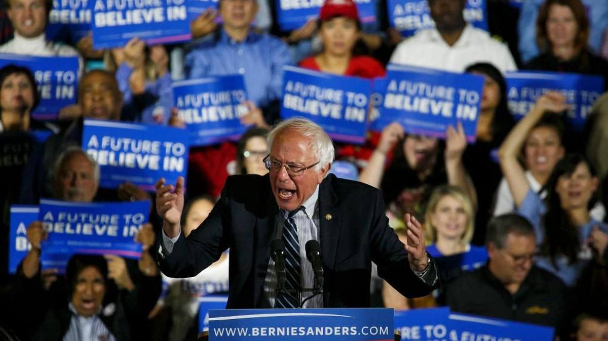 Sen. Bernie Sanders speaks to his supporters at a campaign rally in Santa Monica, California, on Tuesday.