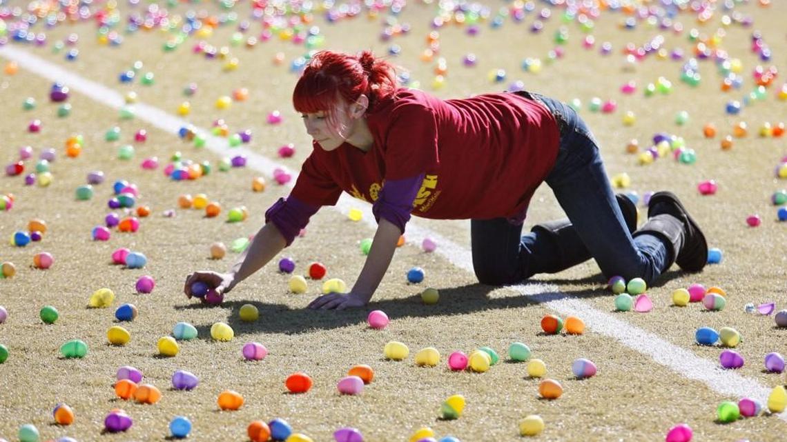 FILE PHOTO: Ellie Gunderson, 15, helps spread out thousands of plastic eggs for the O Bee Credit Union Egg Dash in Lacey in 2012.