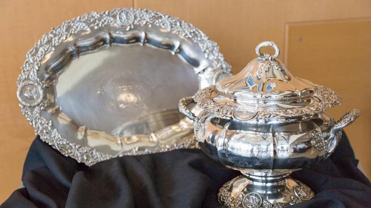 Pieces from the USS Olympia’s silver collection are on display this month at City Hall.