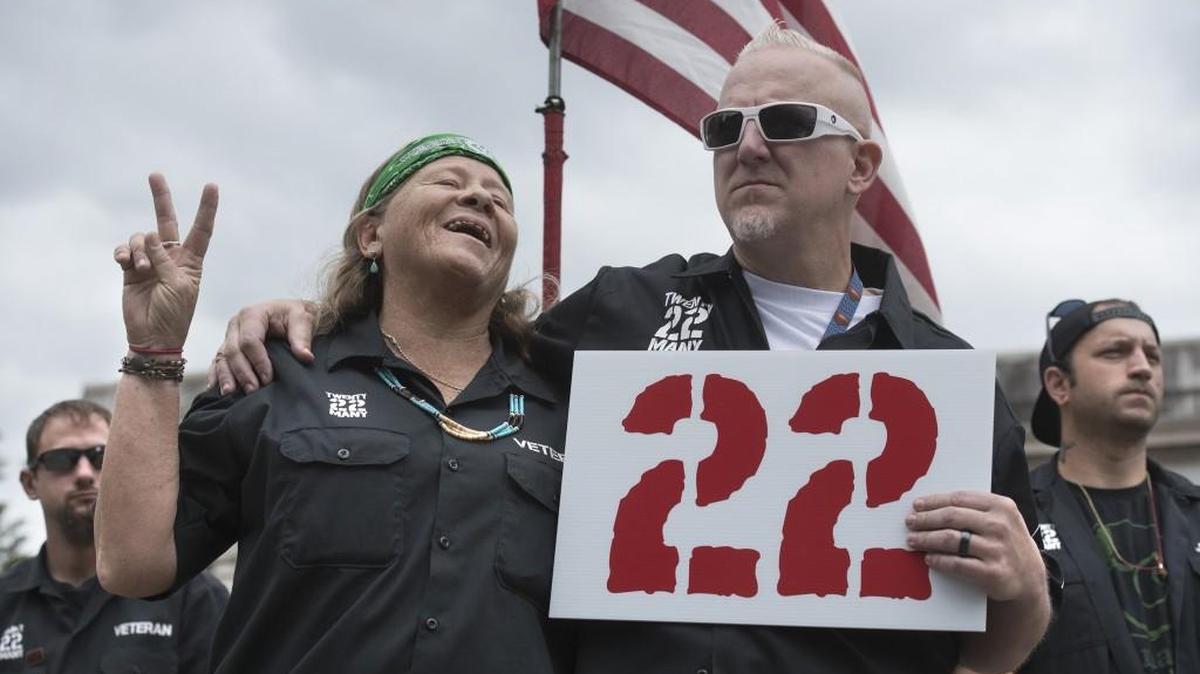 Sandy Sandven, left, a former Army mechanic from Tumwater, stands with event organizer Patrick Seifert during Twenty22 Many’s second-annual Veteran Suicide March at the Capitol in Olympia in 2016. Seifert and Chelsie Gallagher of Seattle Children’s Hospital Injury Prevention program and Safe Firearm Storage and Firearm Tragedy Prevention, will speak at 4-5:30 p.m. Wednesday at the United Churches of Olympia, 110 11th Ave. SE, Olympia.