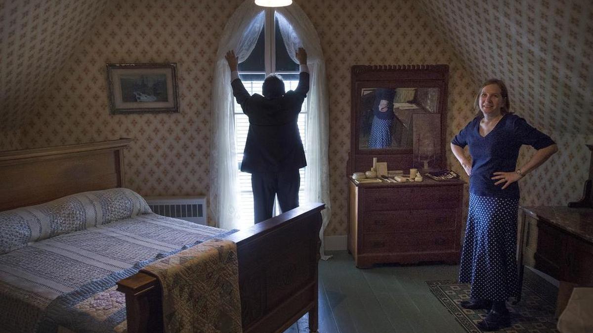 
David Goularte, who oversaw the interior design in the 1990s and Heather Lockman, former president of the Bigelow House Preservation Asccociation, in the upstairs master bedroom at the Bigelow House Museum in Olympia on Thursday, Sept. 10, 2015.
