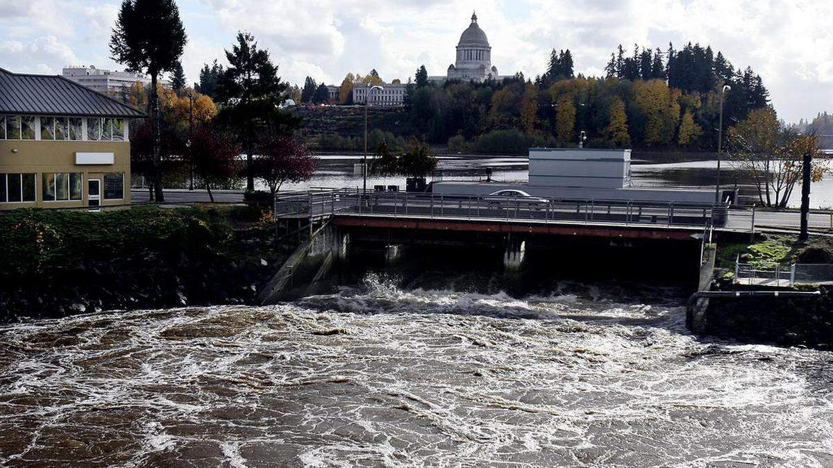 Water rushes into Puget Sound as the dam on Fifth Avenue releases water from Capitol Lake after a heavy rain.