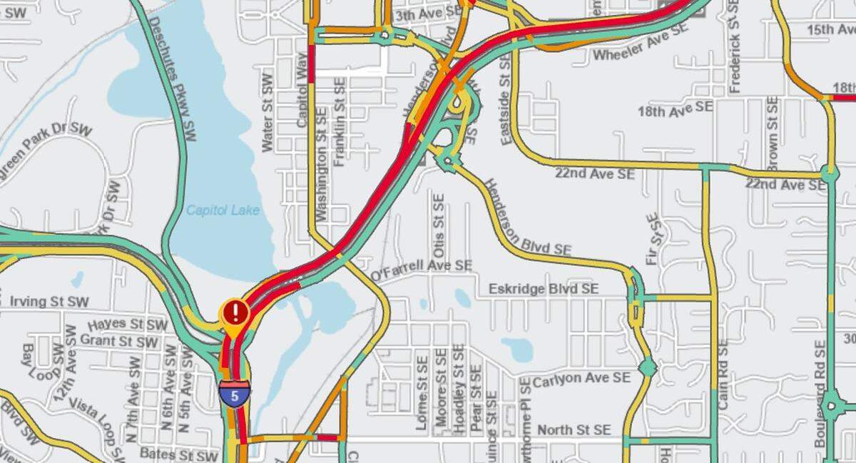 A Washington State Department of Transportation traffic map shows long backups in the Olympia area about 8 p.m. Jan. 28, 2026, after an earlier wreck that involved two semi trailers.