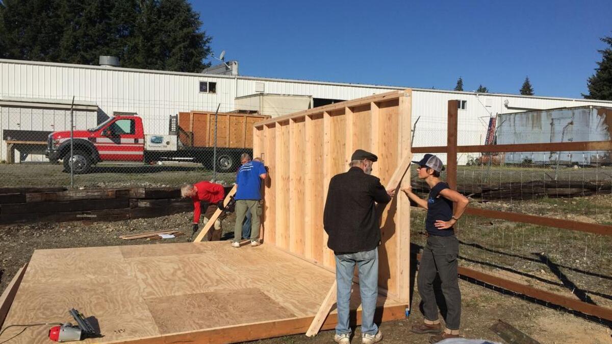 Volunteers will be back at work at 9 a.m. Saturday at the Victory Farm adjacent to the future Lacey Food Bank site at 7027 Martin Way E. During this work party, they will build a meeting space, put some final touches on the tool shed (shown) and fence, and build some Leopold benches.