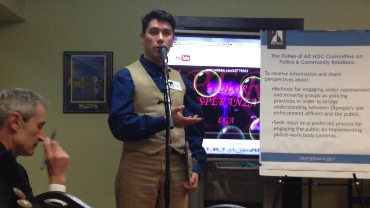 Alejandro Rugarcia addresses the audience at a forum hosted by the Ad Hoc Committee on Police and Community Relations on Thursday, Nov. 5, 2015.