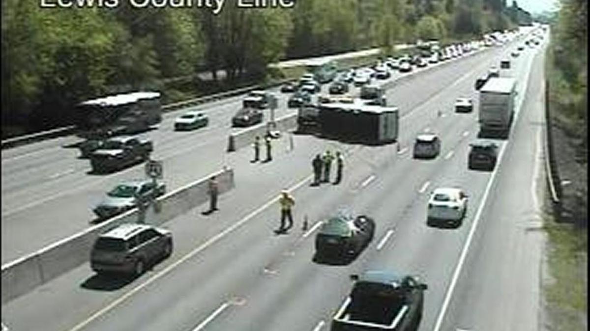 Traffic was slowed on southbound I-5 at the Thurston County/Lewis County line Sunday morning after a truck pulling an RV hit a Thurston County medic vehicle.
