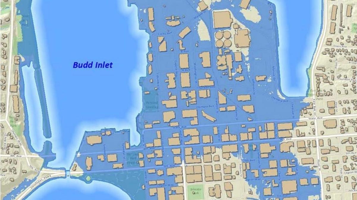 This map shows the predicted flood levels with a 2-foot sea level rise. The public is invited to an open house and community meeting about planning for sea level rise from 6-8 p.m. Wednesday at LOTT Clean Water Alliance, 500 Adams St. NE, Olympia.