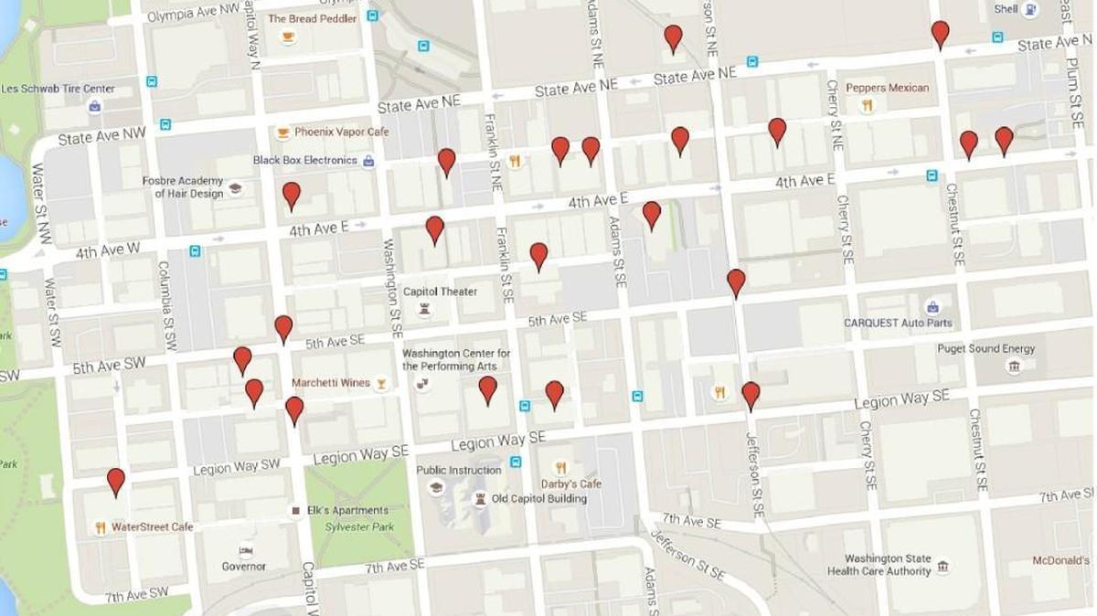This map shows the locations of human waste found in alleys, alcoves and doorways throughout February 2016 in downtown Olympia. Each icon represents an area where the Downtown Ambassador Program's Clean Team addressed human waste.