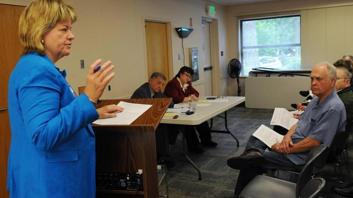 Medrice Coluccio, chief executive of Providence Health & Services, Southwest Washington, testifies during the Washington State Department of Health's May 4th public meeting at the Lacey Timberland Library on the mental health hospital proposed by US HealthVest.
