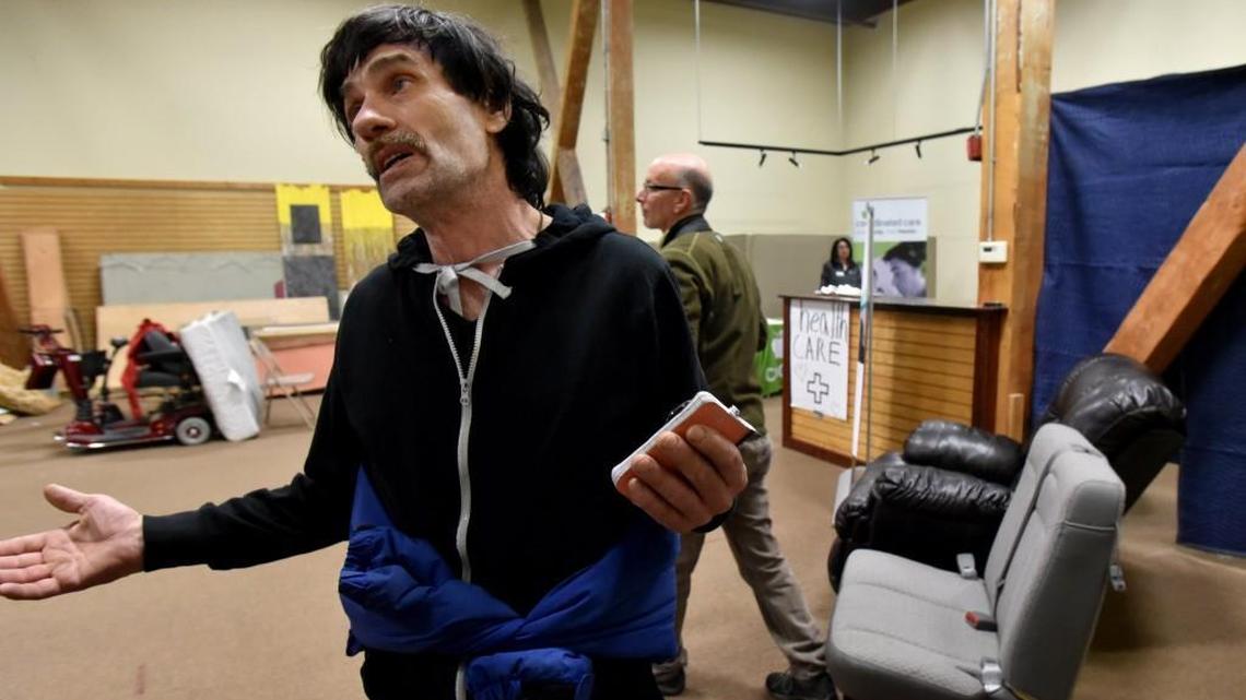 FILE PHOTO: Edgar L. Mathis Jr. chats at the downtown Olympia warming center Jan. 26. The site was one of the intake locations for the annual Thurston County homeless census.