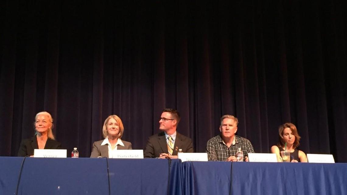 Public Lands Commissioner candidates, from left, Mary Verner, Karen Porterfield, Steve Nielson, Steve McLaughlin, and Hilary Franz at Olympia High School on Monday.
