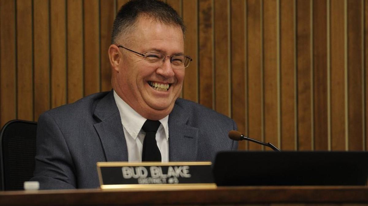 Thurston County Commissioner Bud Blake at the commission’s Dec 7th budget hearing. He voted against the spending plan, but it was adopted on Friday, Dec. 11, with support from Commissioner Sandra Romero and Commission Chair Cathy Wolfe.