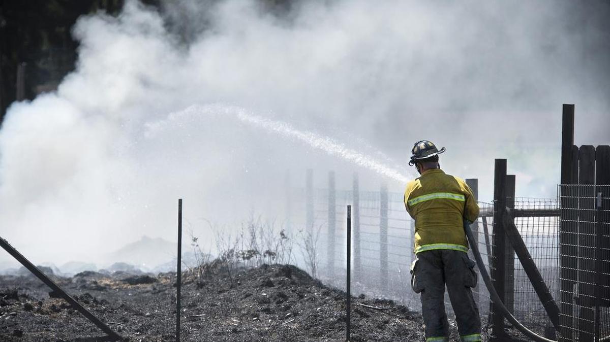 
A West Thurston firefighter hoses down hot spots at a grass fire that came within feet of several homes on Bonnie Lane in Rochester on Friday. .
