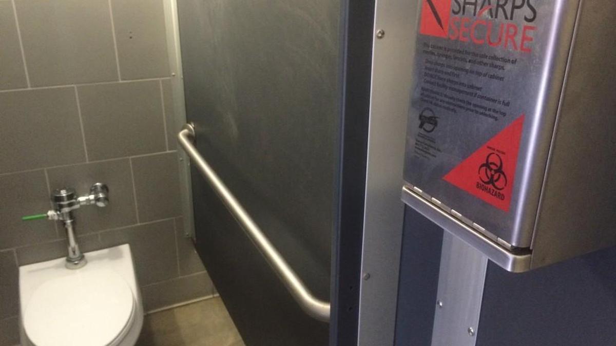 Inside of the men’s restroom at Percival Landing in downtown Olympia.