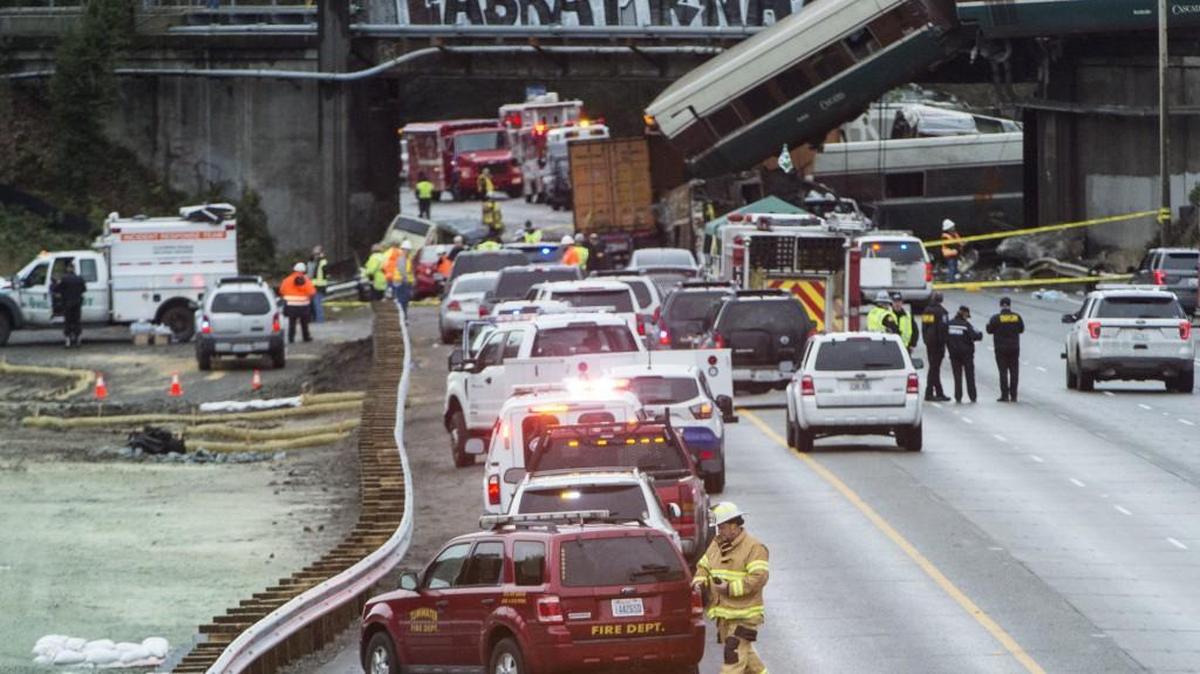 Emergency crews respond to the Amtrak train derailment near DuPont on Dec. 18 that killed three people and closed southbound Interstate 5 for two days.