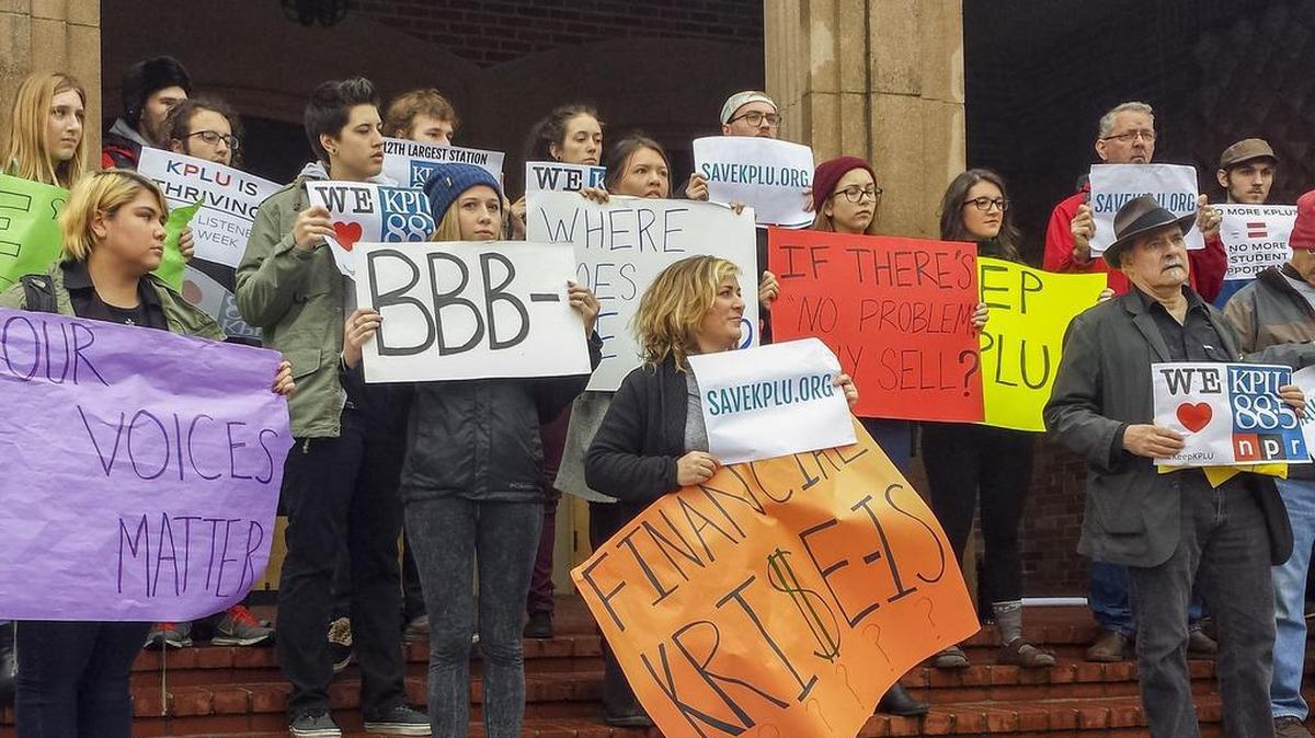 Pacific Lutheran University students were joined by KPLU radio station listeners Thursday, Dec. 3, 2015 to show support for the school's radio station. The public radio station is in the process of being sold to University of Washington public radio station KUOW.