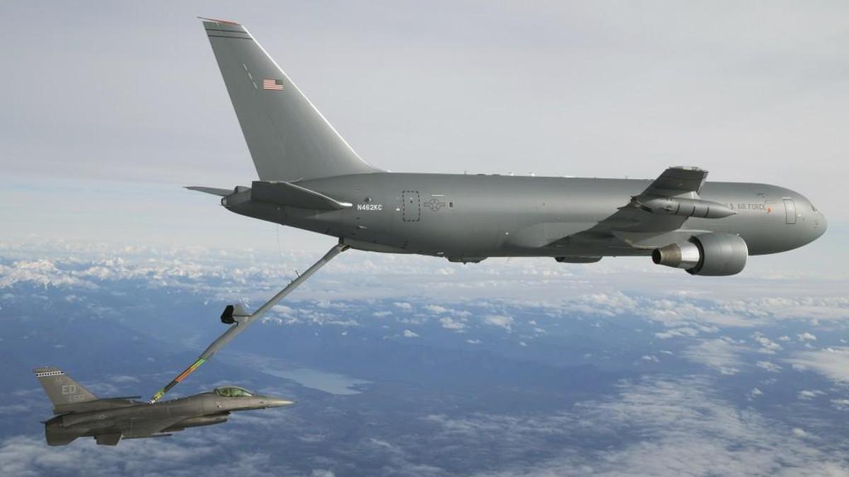 A Boeing KC-46A completed its first refueling test with an F-16 jet on Sunday over eastern Washington.