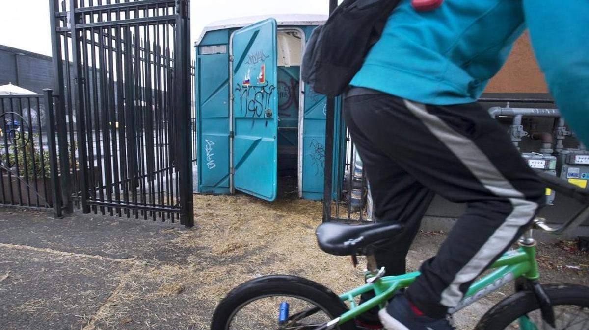 The portable restroom at the Artesian Commons park in downtown Olympia is shown Aug. 11.