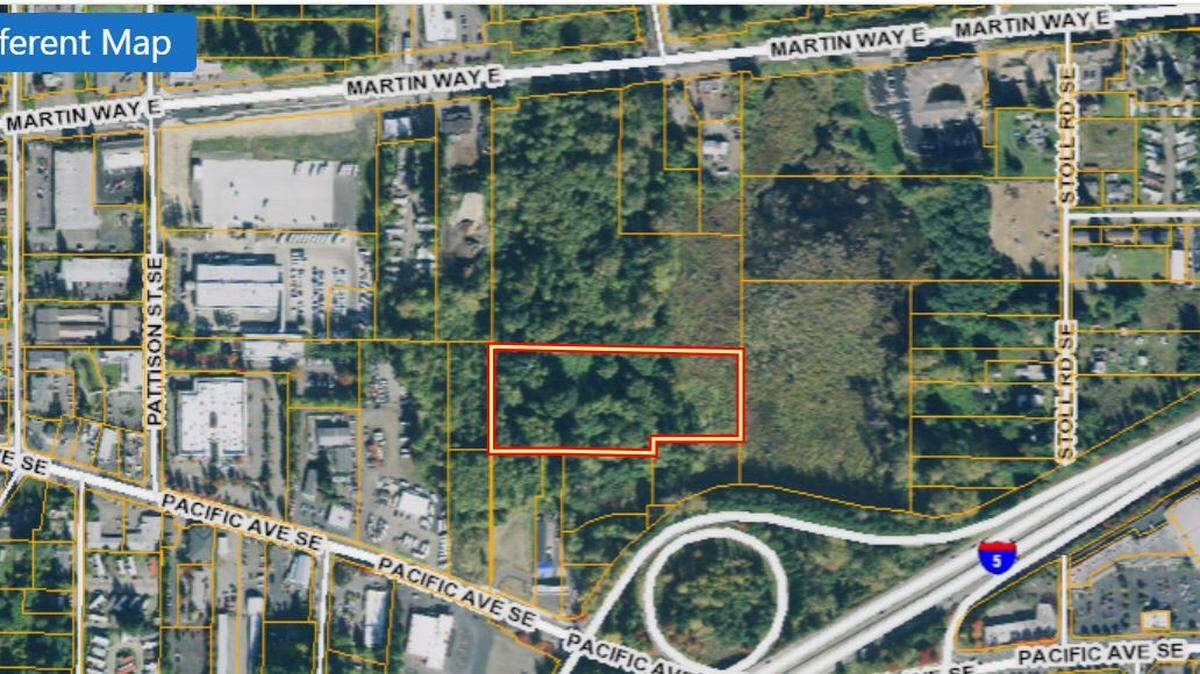 The larger of two properties that the city of Olympia will vote on acquiring on Tuesday. There is currently a homeless encampment with more than 100 residents in the wooded area. City officials say their long-term goal is to extend Ensign Road south to connect Martin Way with Pacific Avenue, and will provide services to the camp residents in the meantime.