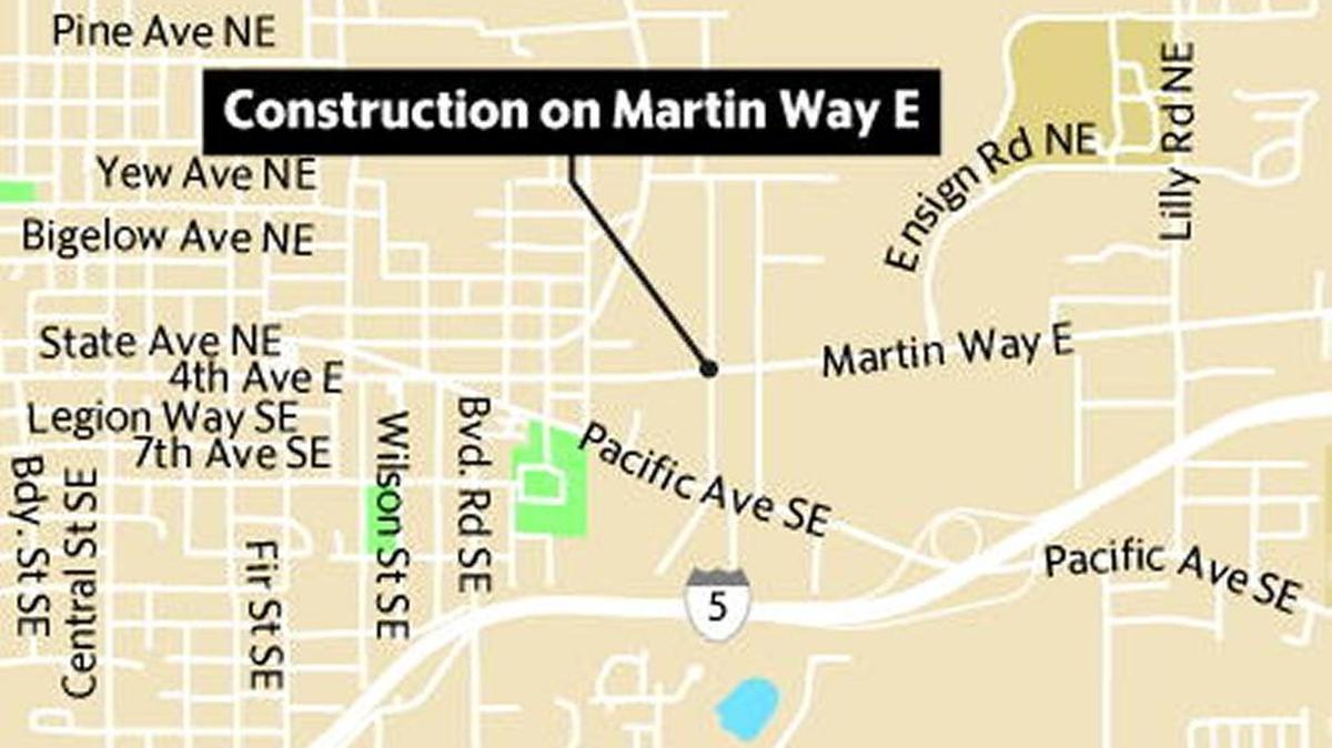 Crews will be patching and repairing asphalt on Martin Way from Ensign Road to the 4th Avenue/Pacific Avenue intersection.