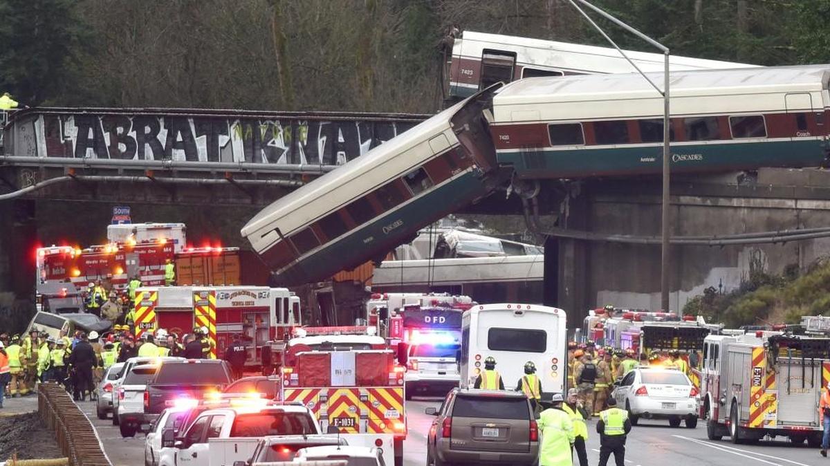 Three people died after an Amtrak train on its inaugural run, reportedly traveling more than 80 miles per hour, derailed onto Interstate 5 Monday morning, spilling train cars onto the freeway and blocking the southbound lanes of the artery between Thurston and Pierce counties.
