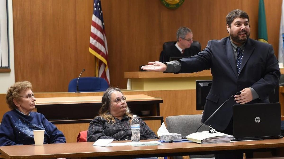 Defense attorney Justin Kover introduces his clients Carolyn and Debbie Lattin during the jury selection process on Dec. 4th at the Thurston County Courthouse.The longtime owners of Lattins Country Cider Mill and Farm in Olympia have been charged with second-degree animal cruelty, a gross misdemeanor.