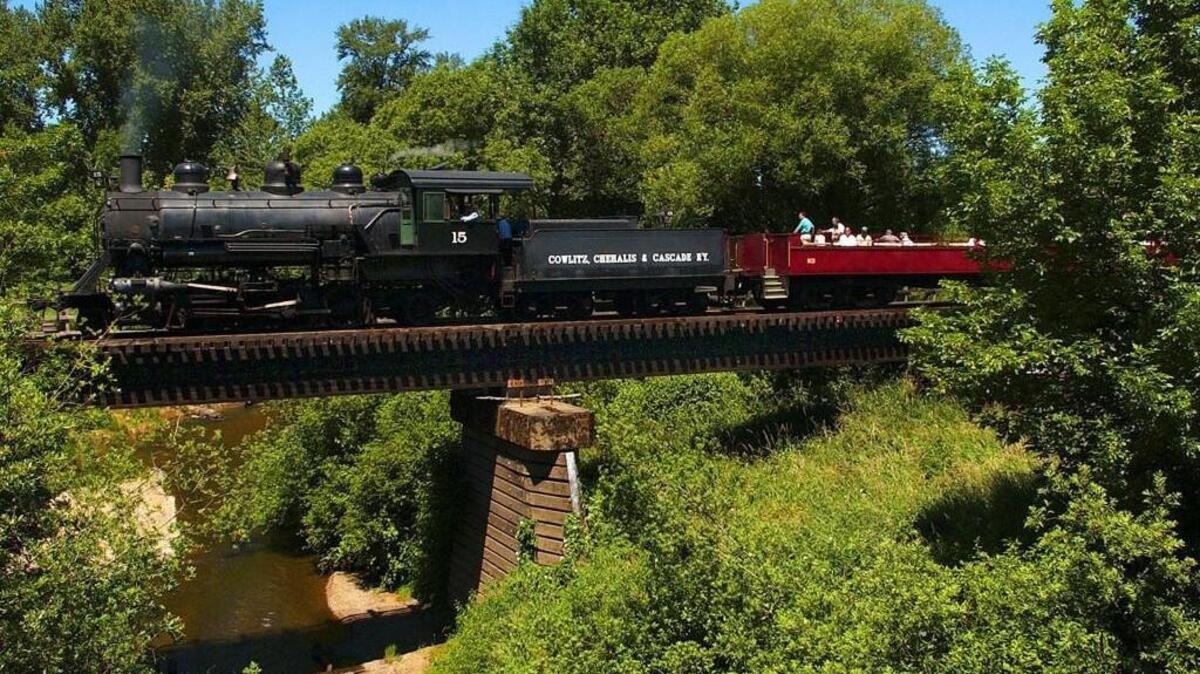 The Chehalis-Centralia Railroad locomotive #15 crosses the Newaukum River trestle just outside of Chehalis.