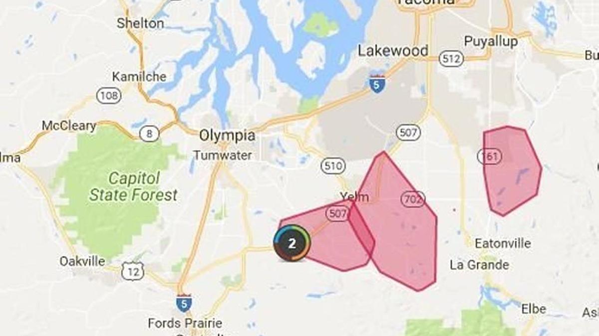 Puget Sound Energy data shows that power was knocked out Monday morning in Yelm and Rainier.