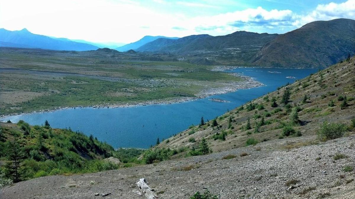 A view of Spirit Lake from Windy Ridge at Mount St. Helens Volcanic Monument.