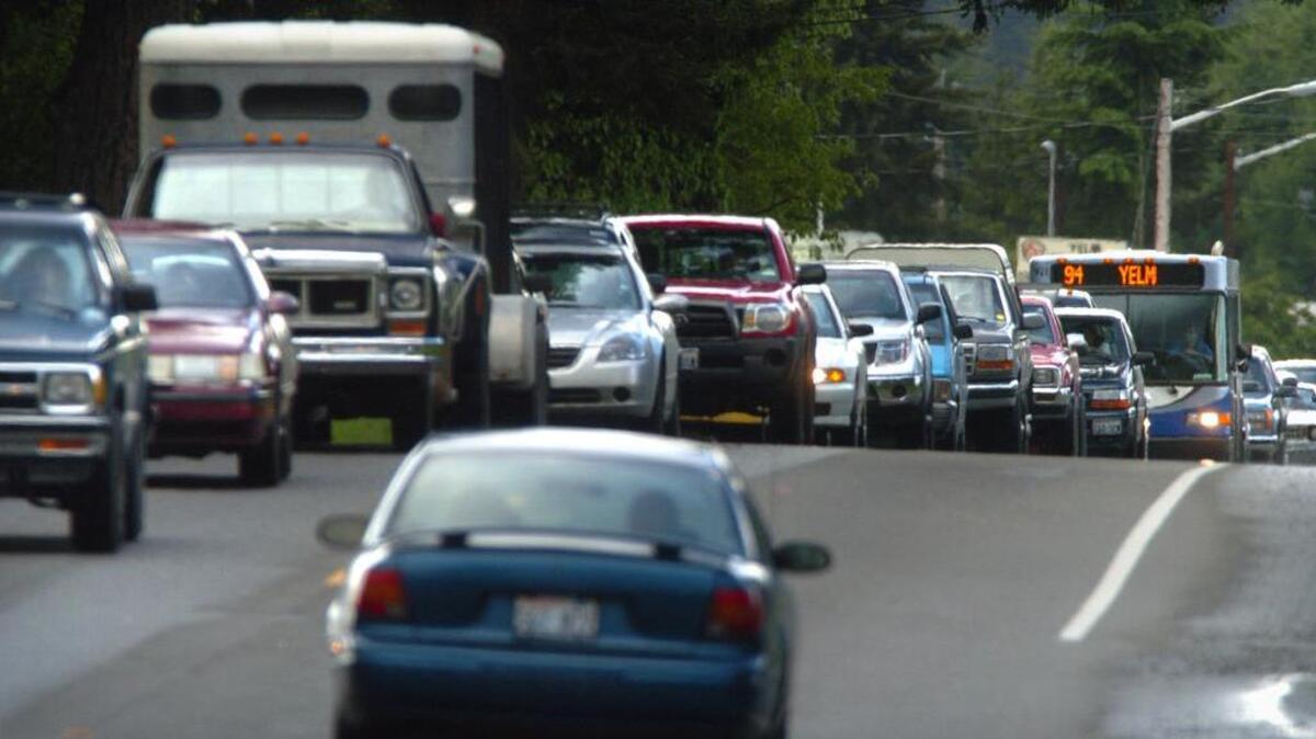 Eastbound traffic backs up on Highway 510 a mile outside of Yelm on a Friday evening. Washington State Department of Transportation is hosting an open house Thursday on plans to finish a two-lane highway loop that will provide state Route 510 drivers an alternative to Yelm Avenue.