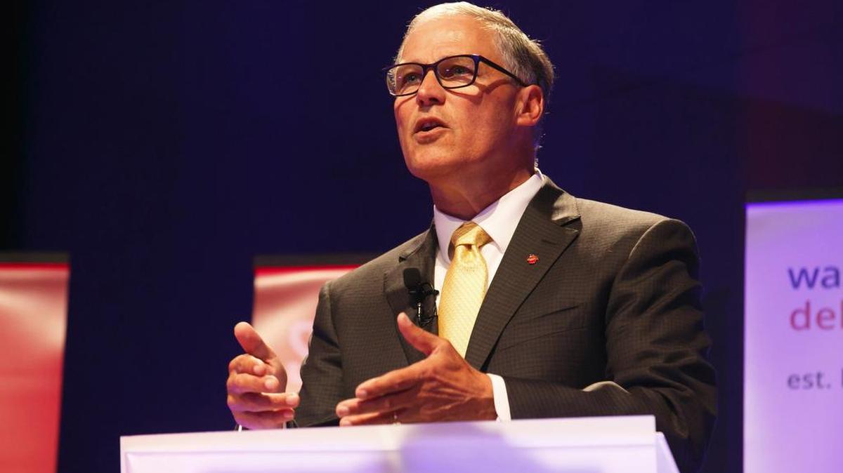 Washington Gov. Jay Inslee speaks on Sept. 25, 2016. Voters in the state will decide if they want to imopse a “fee” on carbon emissions, an initiative Inslee is in favor of. (Erika Schultz/Seattle Times/TNS)