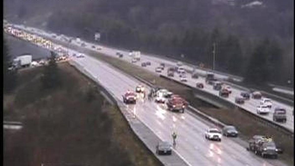 The photo shows that northbound Interstate 5 traffic is being re-routed at milepost 114 into Nisqually Valley after a car accident blocked all lanes just after 1 p.m. Sunday.