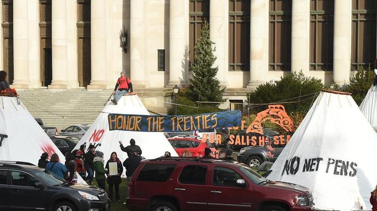 Four teepees were erected on the grass across from the Temple of Justice on the opening day of the 2018 Legislative Session in Olympia as part of the Climate Countdown rally. Climate activists will again assemble at the Capitol on Monday.