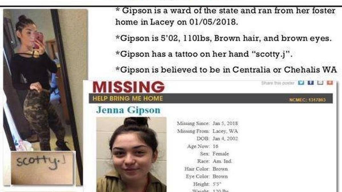 This is the poster that Lacey Police released on Jenna Gipson, a missing foster girl.