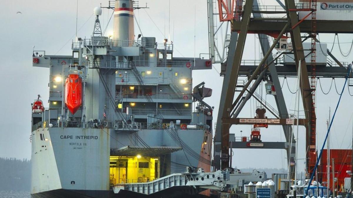 FILE PHOTO: The Cape Intrepid waits at the Port of Olympia before departing with a shipment of military vehicles.