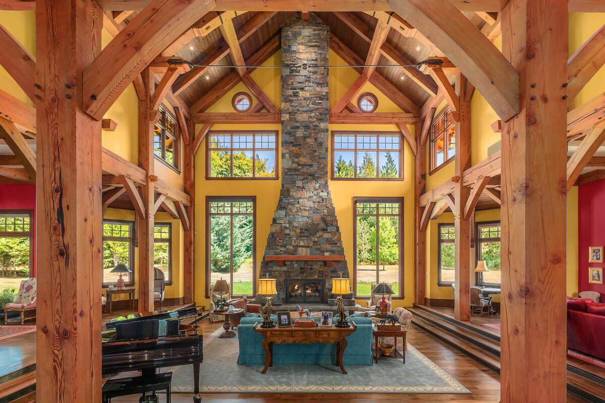 The great room has a 43-foot stone fireplace.