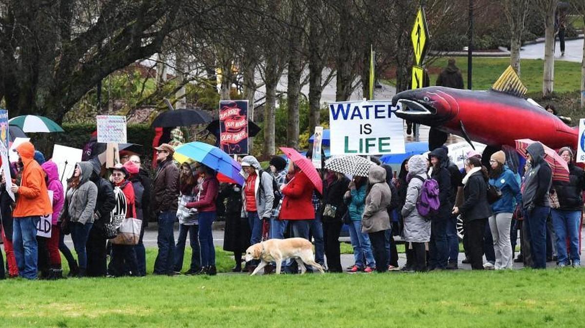 After departing Sylvester Park in downtown Olympia on Wednesday, several hundred participants in the International Women's Day march head south along Capitol Way to the Capitol Campus. The short march ended on the steps of the General Administration Building, where some participants headed inside to attend an afternoon event conducted by the NARAL Pro Choice America organization.