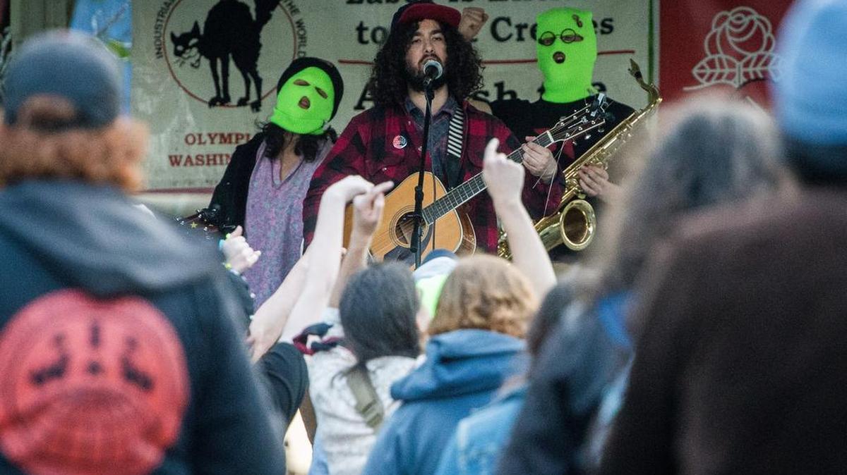 May Day 5 perform during the 2018 celebration of International Workers Day at Sylvester Park in Olympia.